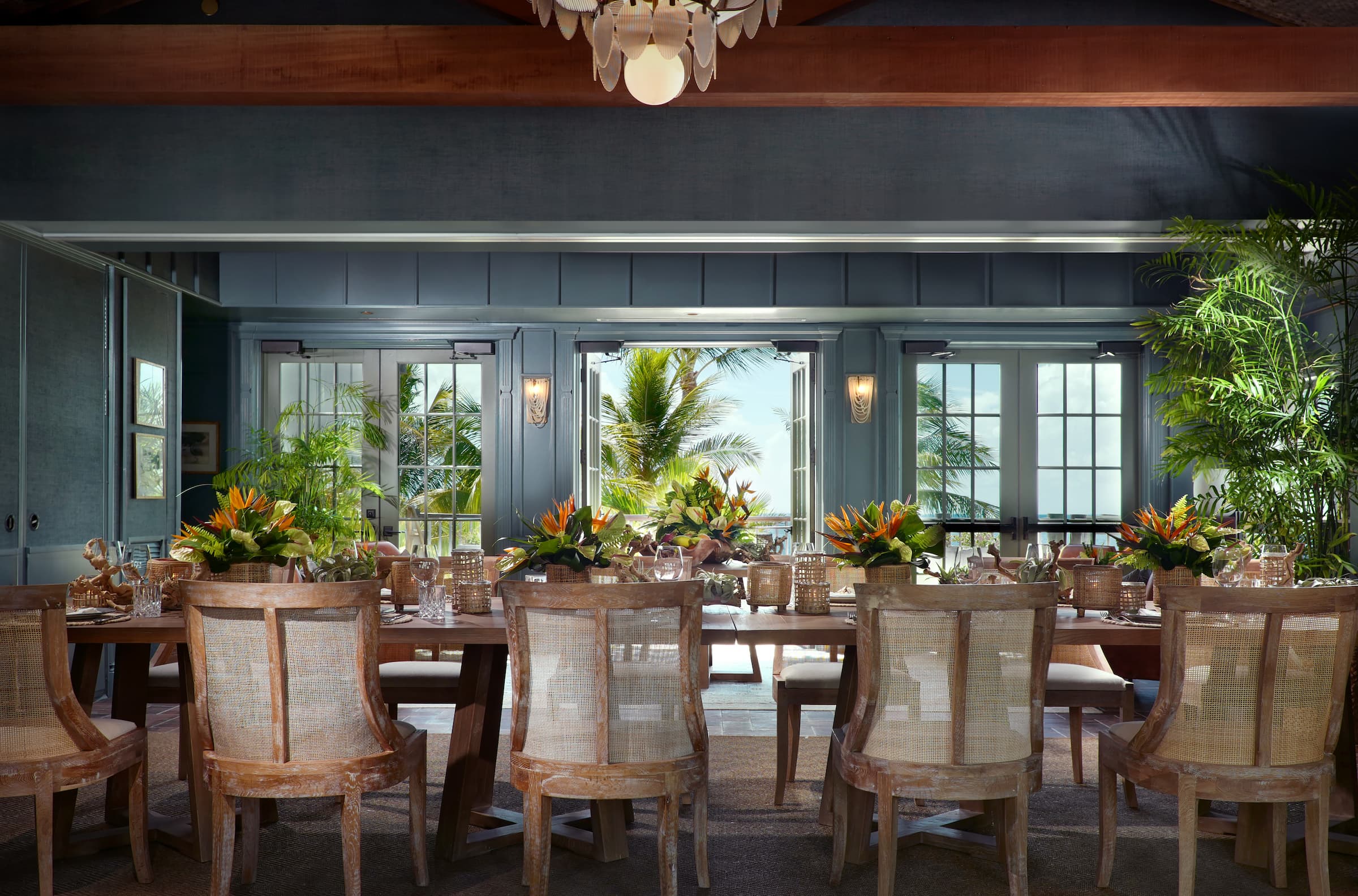 A table set up the Great Room for an event