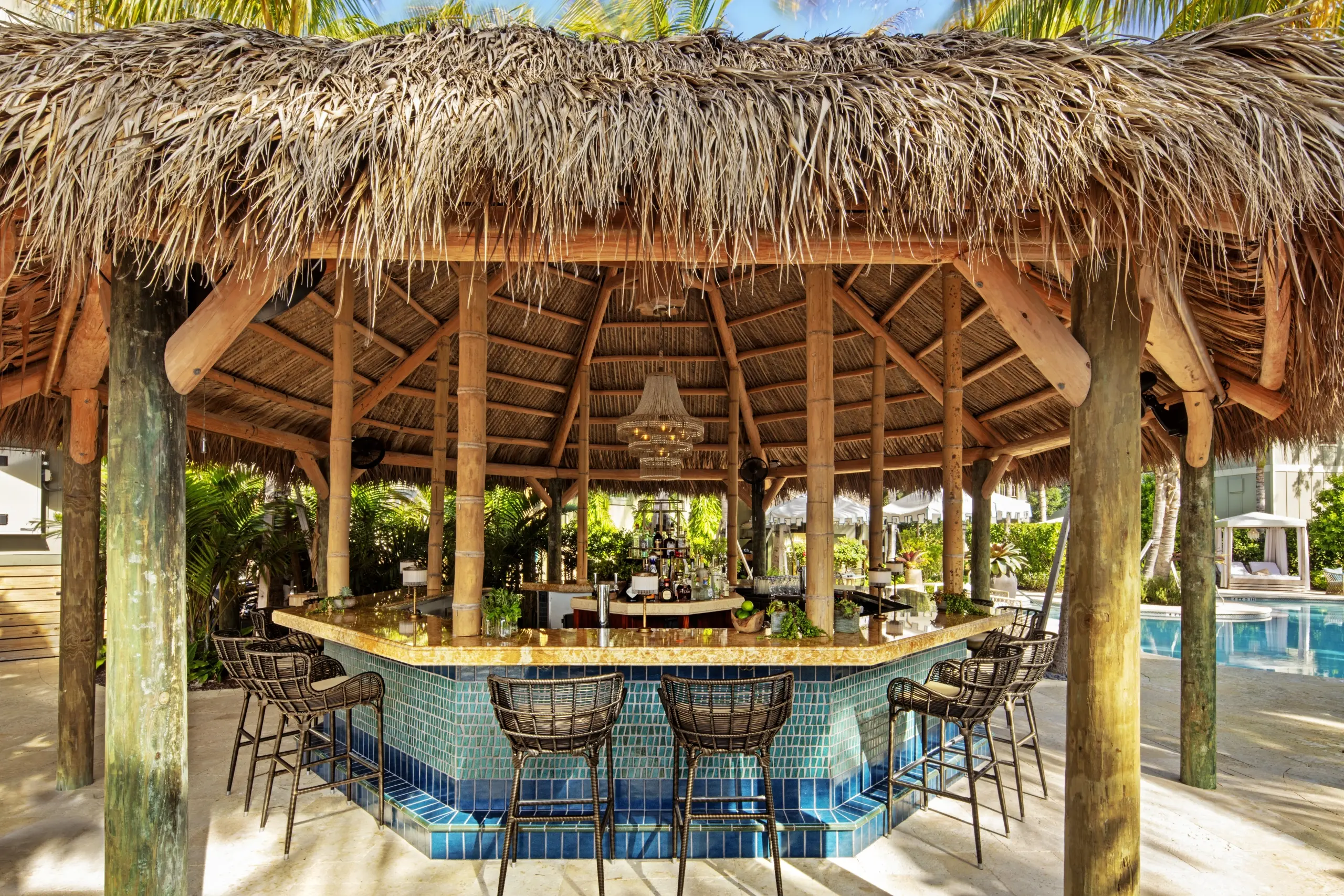 The thatched roof tiki bar at Little Palm Island Resort & Spa